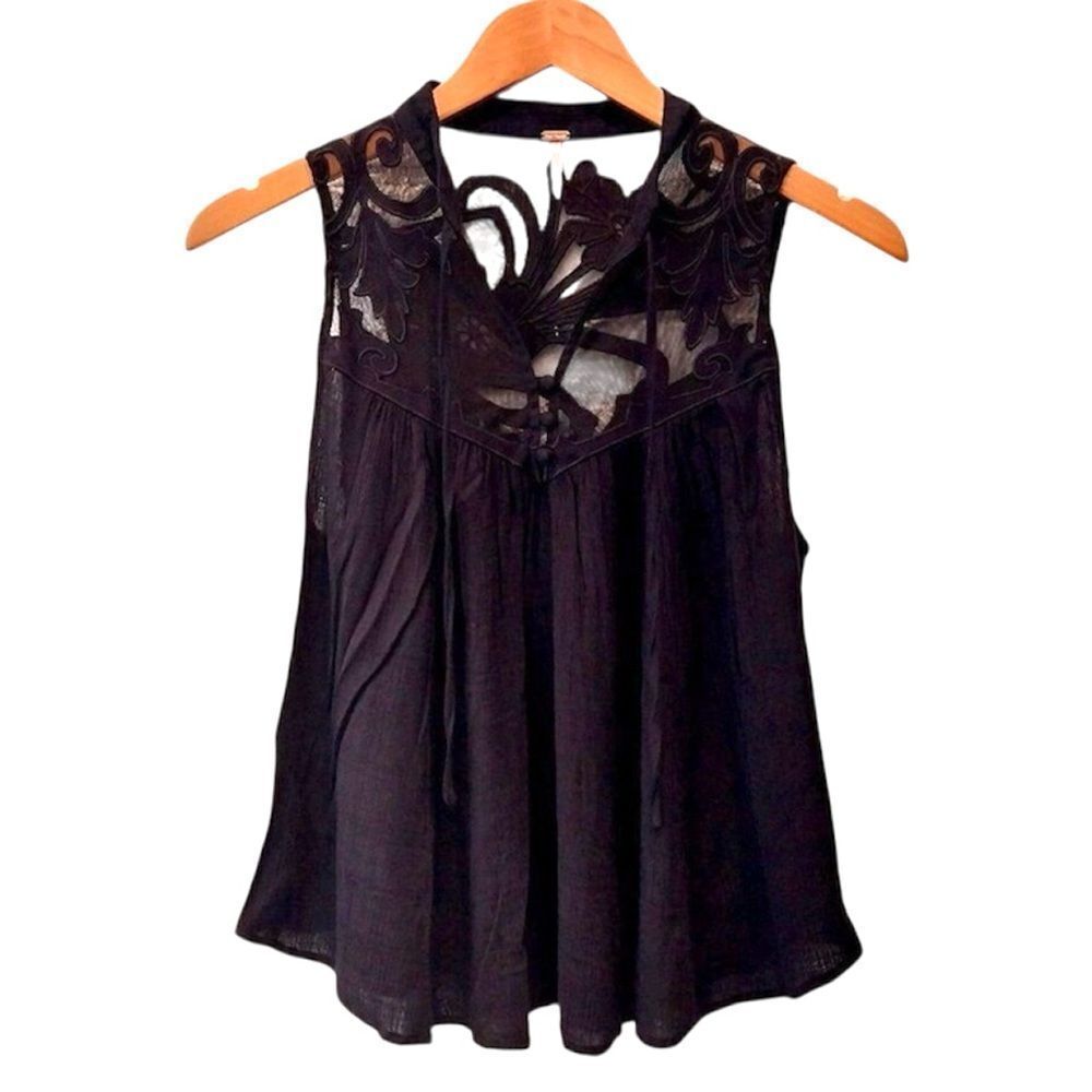 Free People Top Womens XS Black Sleeveless Embroidery Coquette Floral Flowy Boho